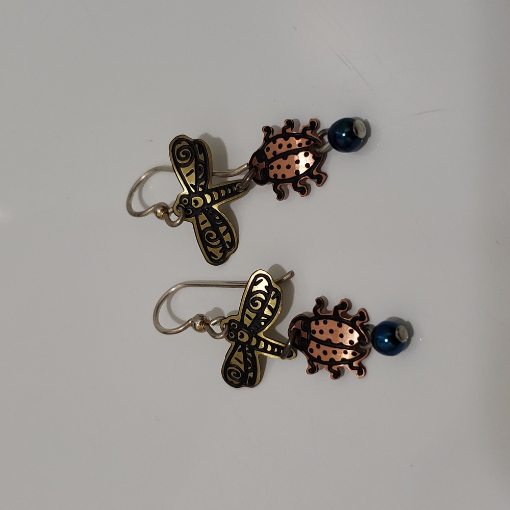 New Dragonfly and Ladybug Mixed Metal Earrings with Blue Bead